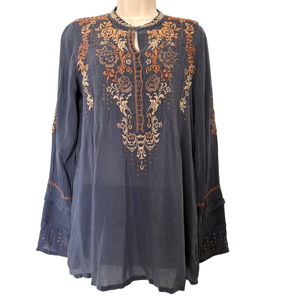 Johnny Was Embroidered Tunic Top Blue Gray Size S Boho Long Sleeve Blouse